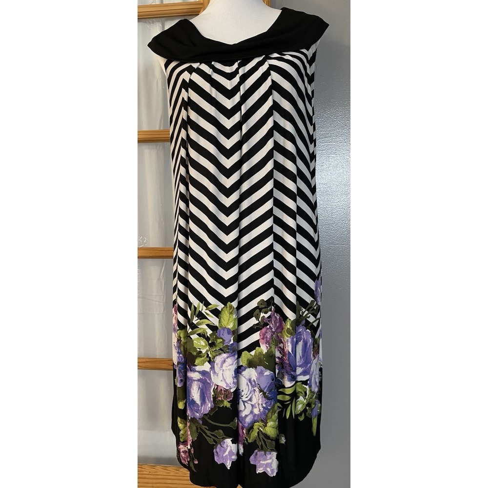 90s St Tropez West Floral Mini Dress 14W Black White Chevron Round Collar Party
